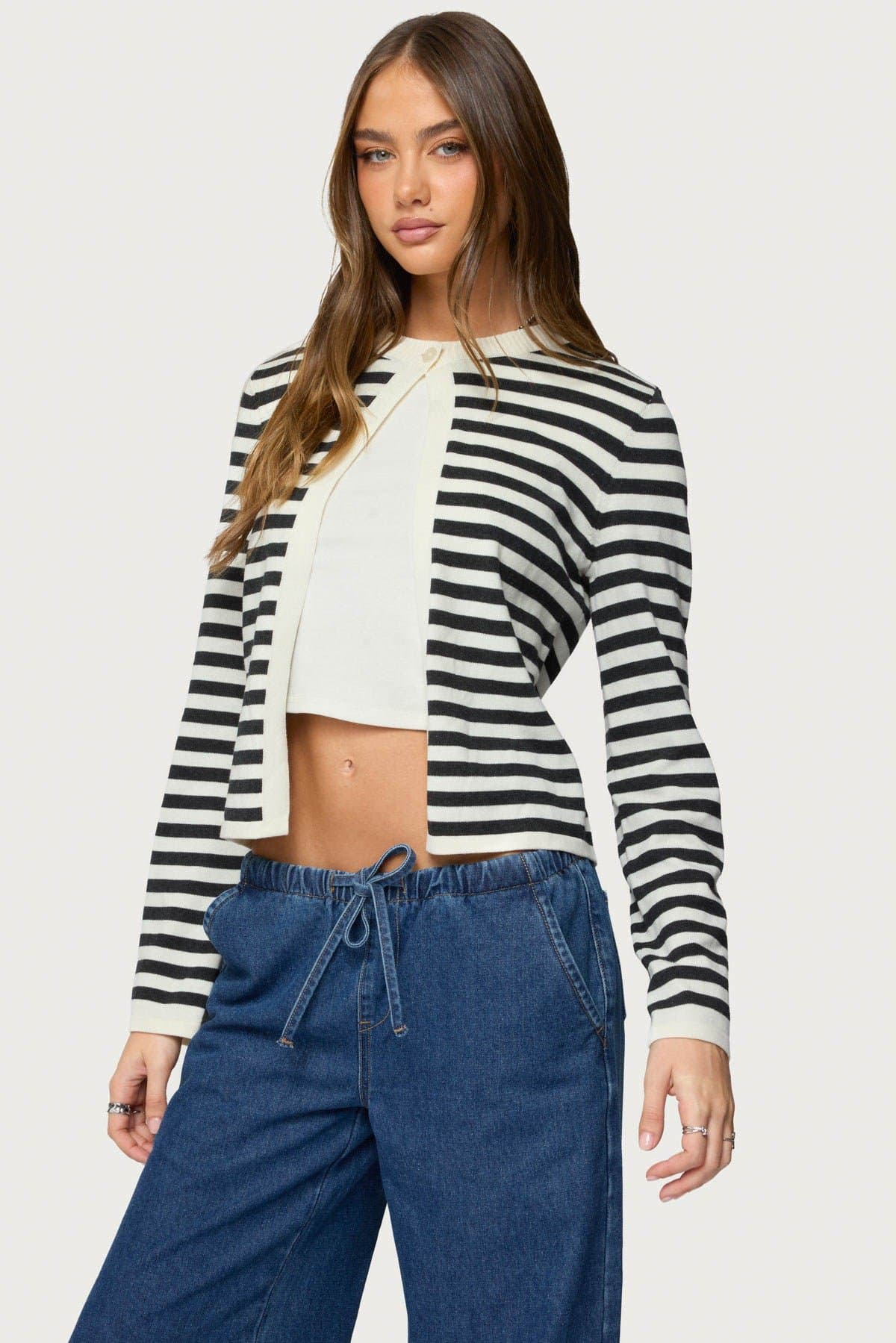 Jenie Split Front Striped Knit Cardigan - Cotton Nylon Ribbed Neckline Button Closure