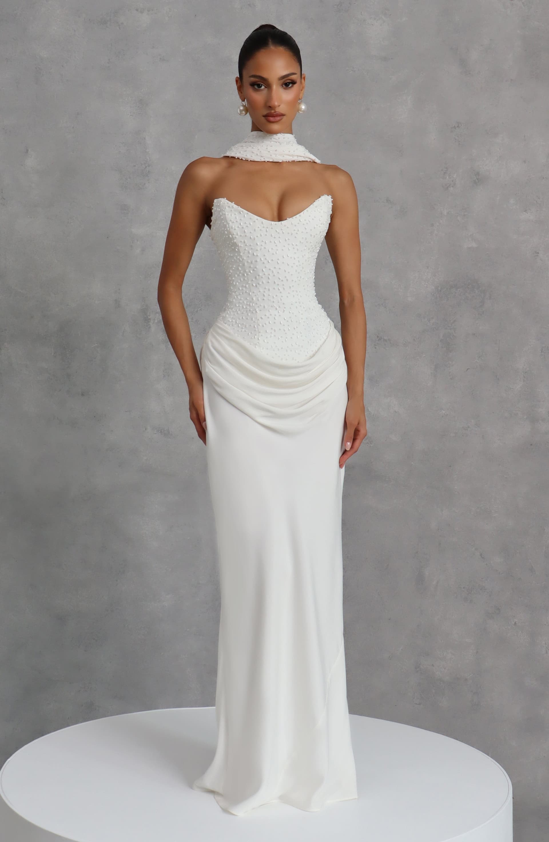 Tindra Maxi Dress Ivory - Pearl Embellished Crepe Bodice Cupro Skirt Strapless