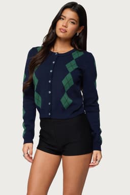 Farren Argyle Cardigan - Acrylic Knit Sweater with Button Closures