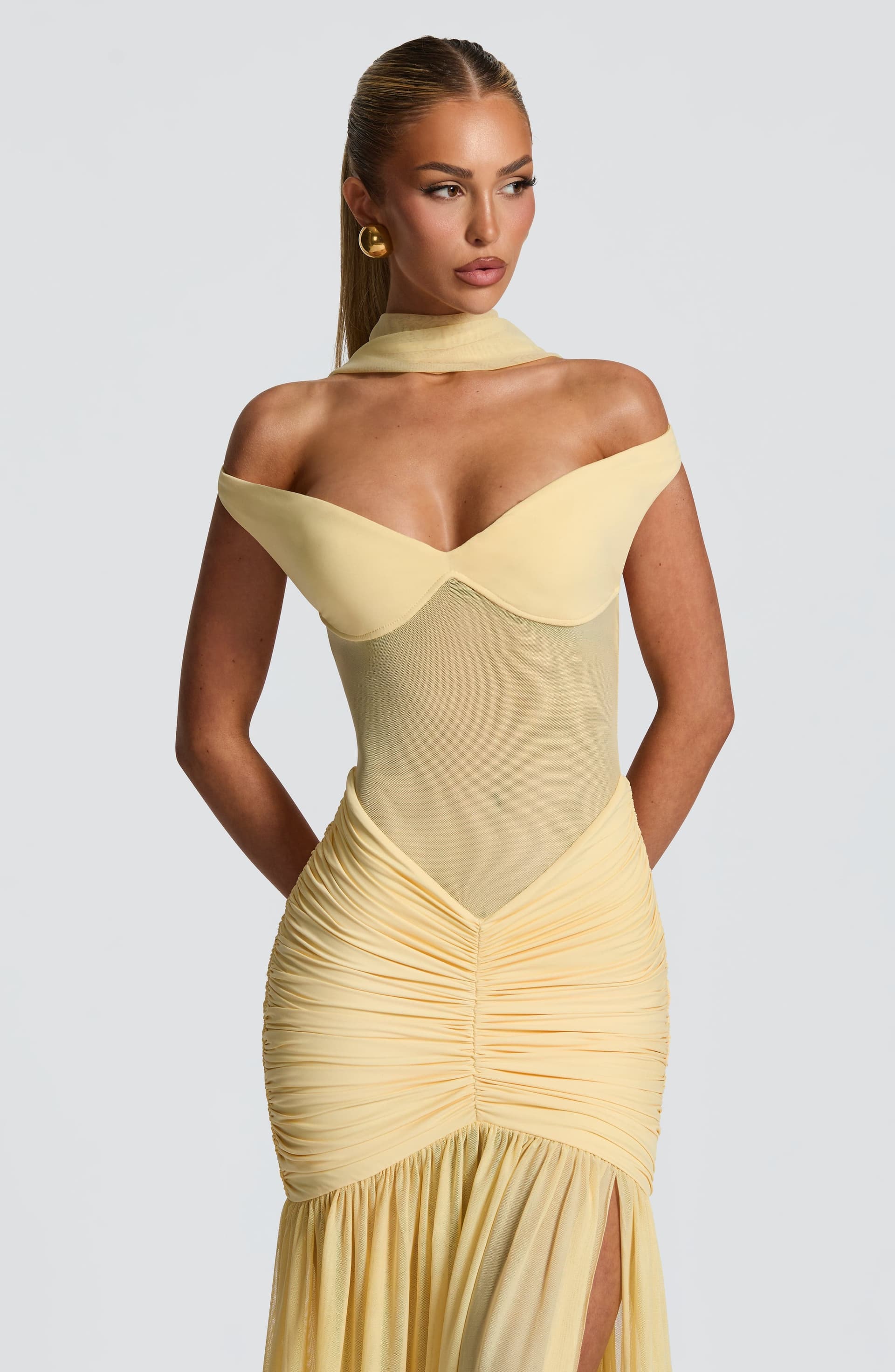 Alaia Maxi Dress in Lemon - Sheer Mesh Bodice, Bardot Neckline, Thigh-High Split