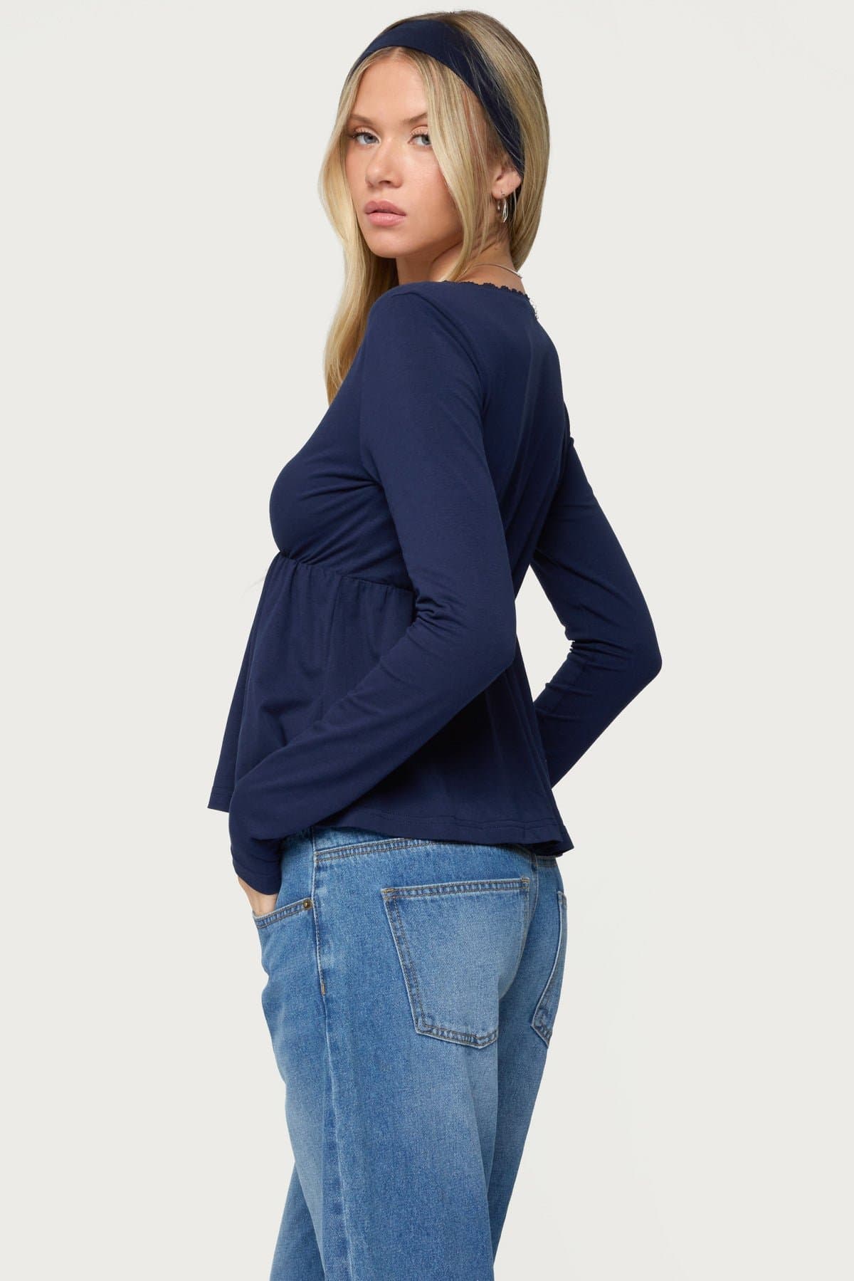 Kenzie Long Sleeve Babydoll Top V-Neck Cotton Spandex Scalloped Trim