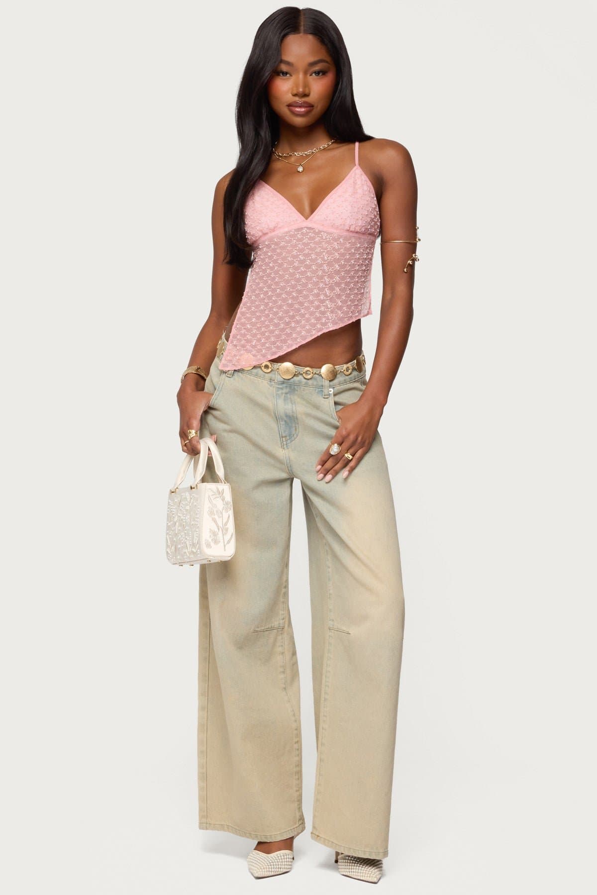 Beaded Mesh Asymmetric Backless Top with V-Neck and Back Tie Closure