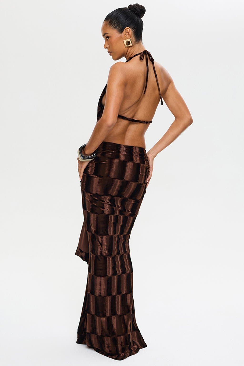 Amaya Maxi Skirt in Glossy Embossed Velvet Fit and Flare with Ruching