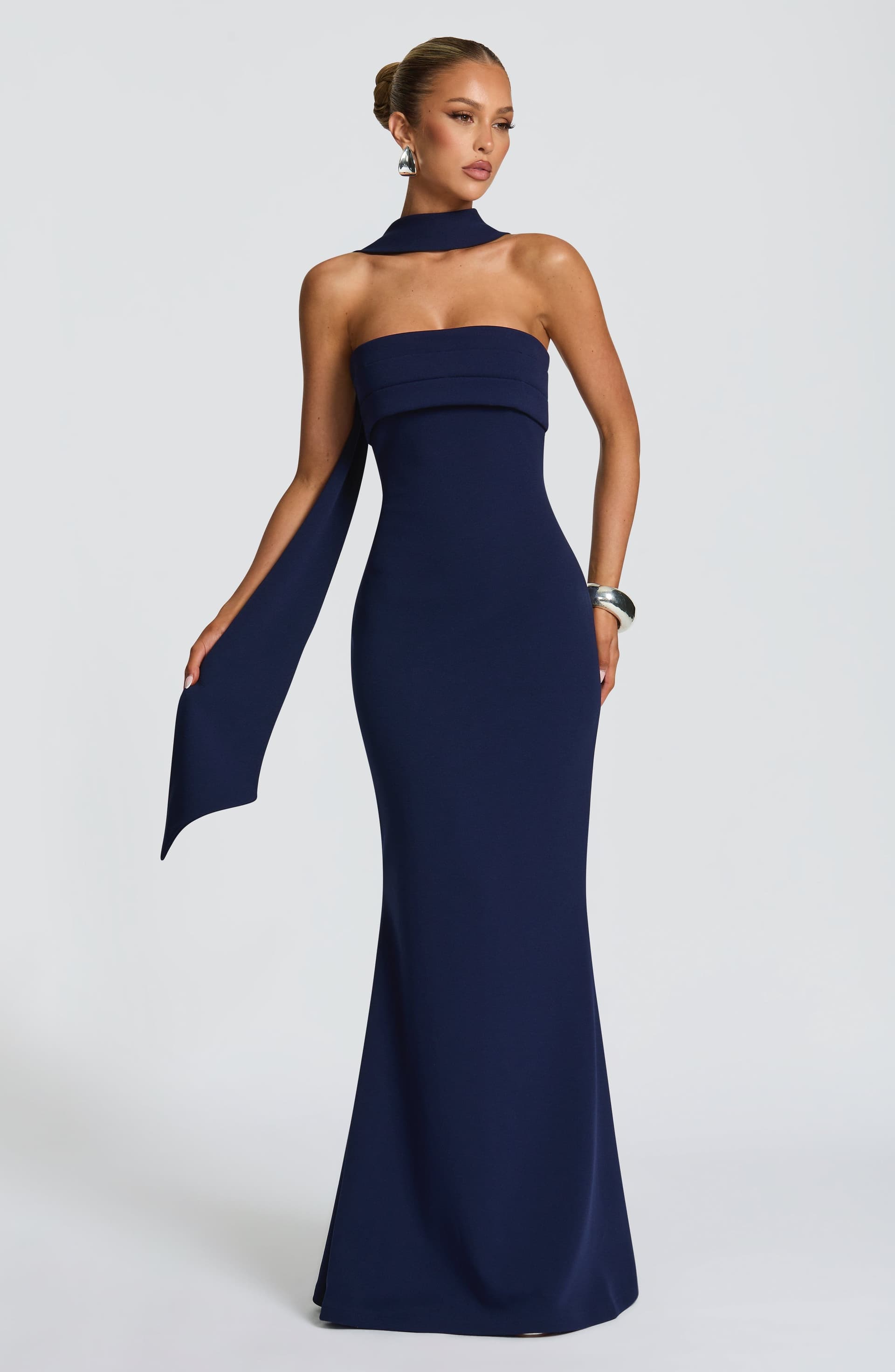 Leura Maxi Dress - Navy Strapless Stretch Crepe Fit and Flare with Pleated Bust