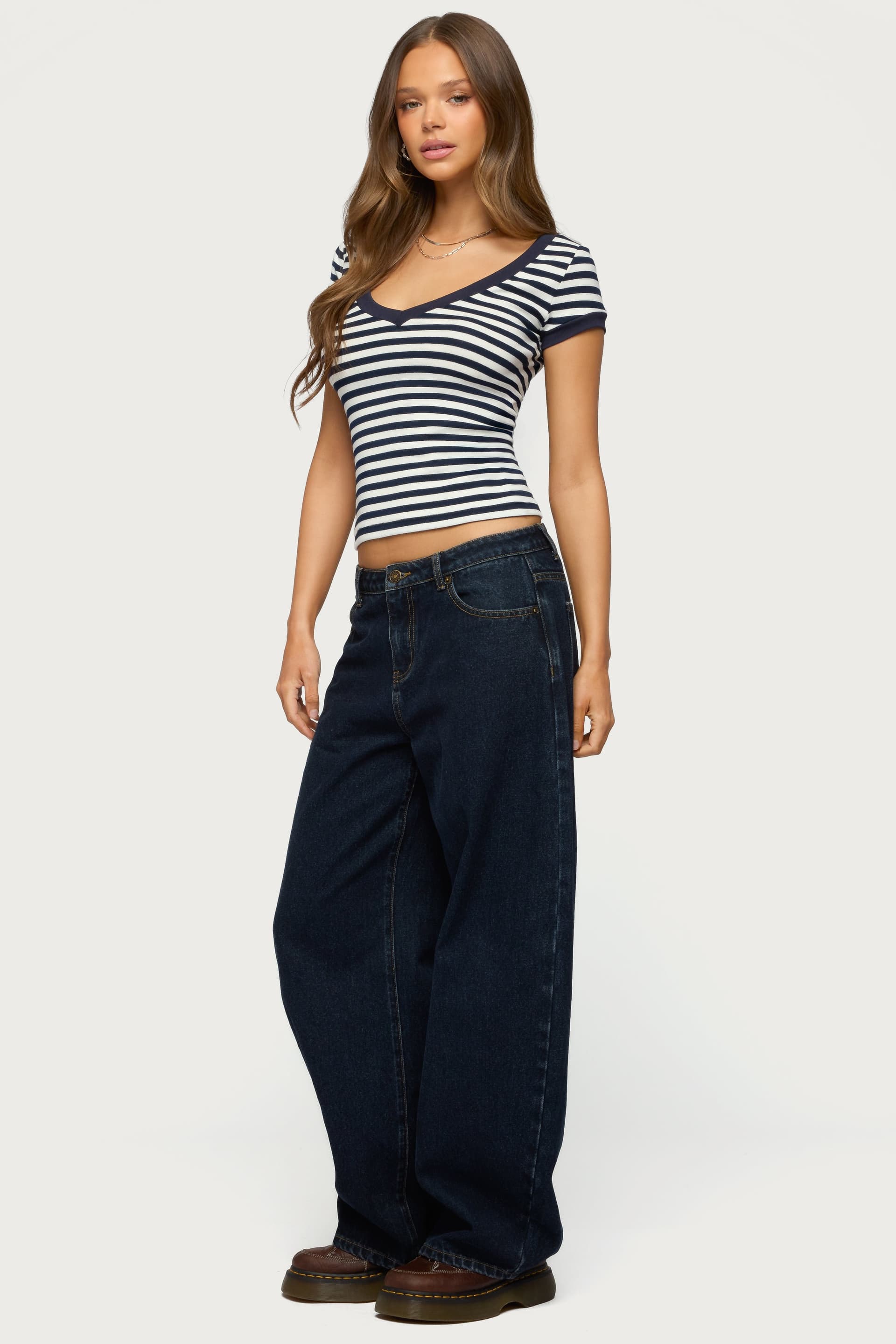 Antonela Striped V-Neck T-Shirt with Contrast Binding Cotton Spandex