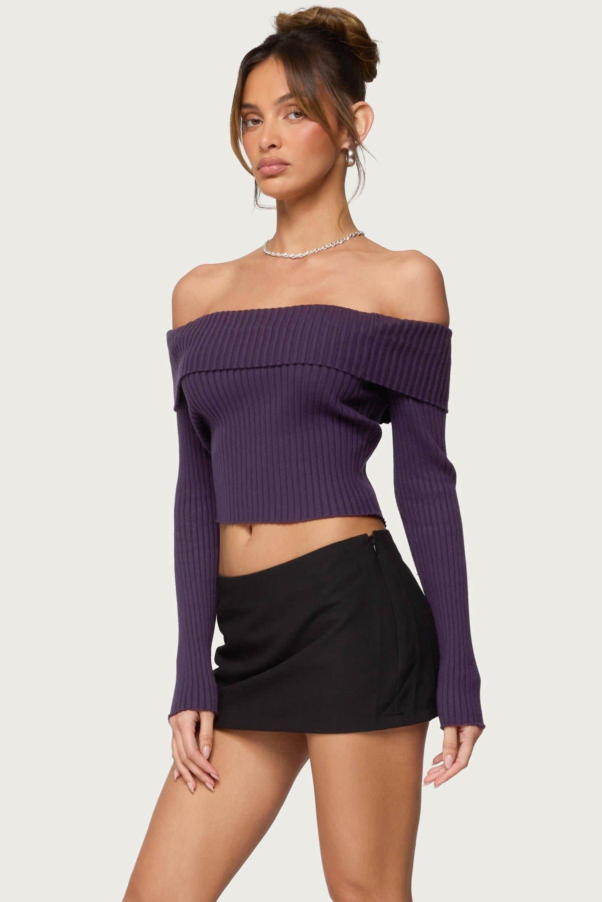 Lauren Knit Foldover Off-Shoulder Long Sleeve Top - Polyester Rayon