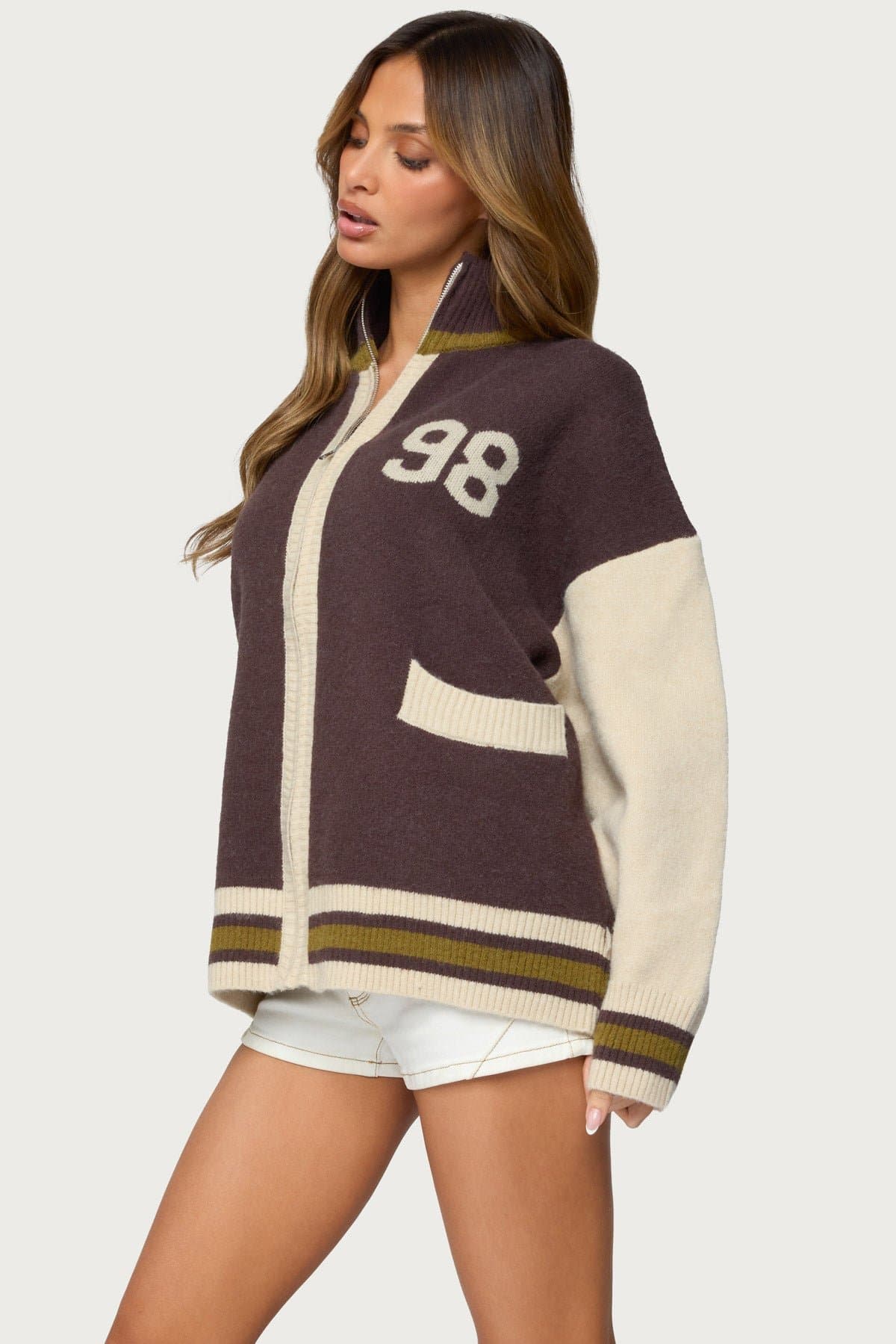 98 Varsity Zip Up Sweater - High Neck Knit Acrylic Polyester Nylon