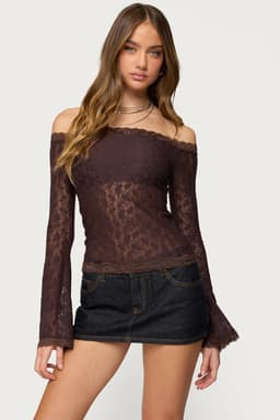 Off Shoulder Lace Top with Built-in Bra - Long Flared Sleeves, Scalloped Trim