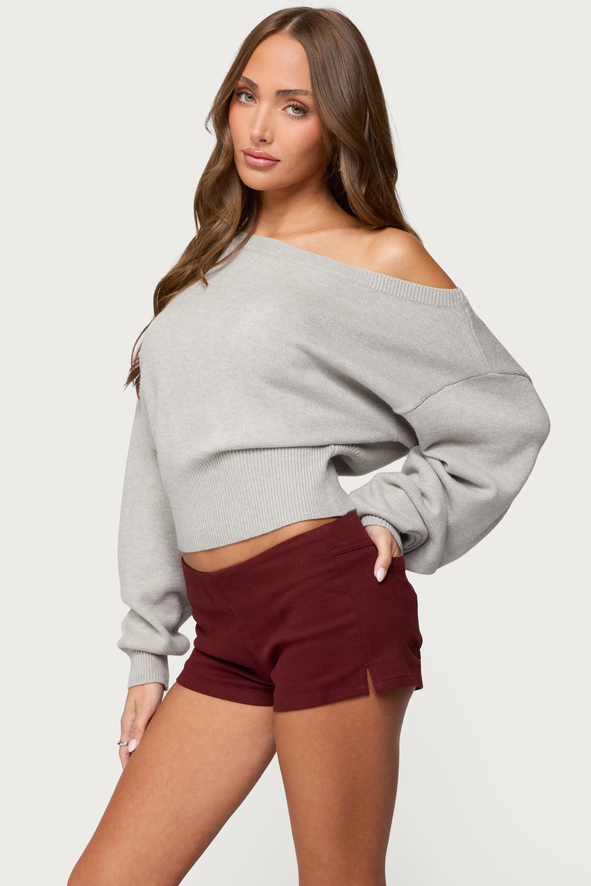 Ravenna Off Shoulder Sweater - Cinched Waistband Ribbed Knit Rayon Polyester Nylon