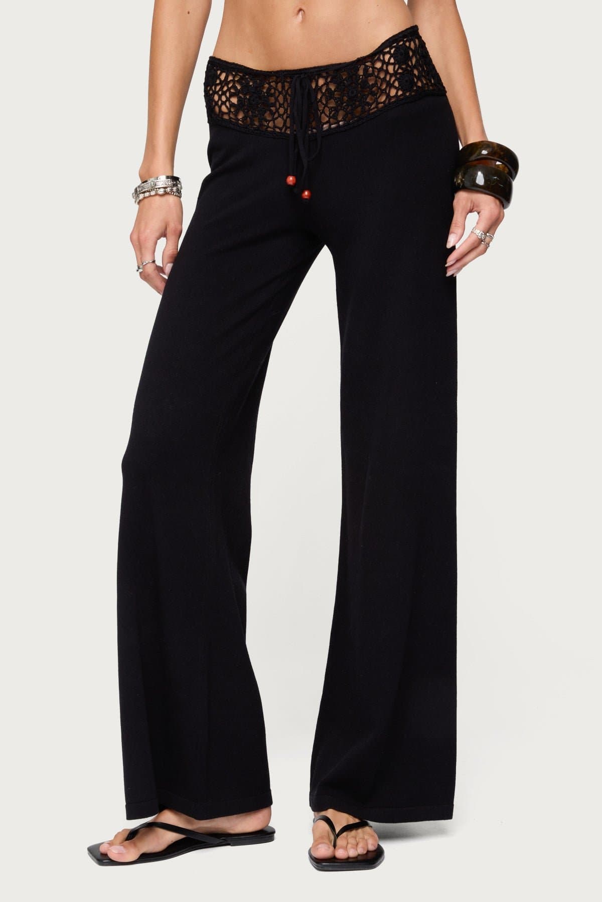 Kirsty Crochet Waist Knit Straight Leg Pants - Adjustable Tie Waist, Rayon Fabric, Size S Inseam 31.3"