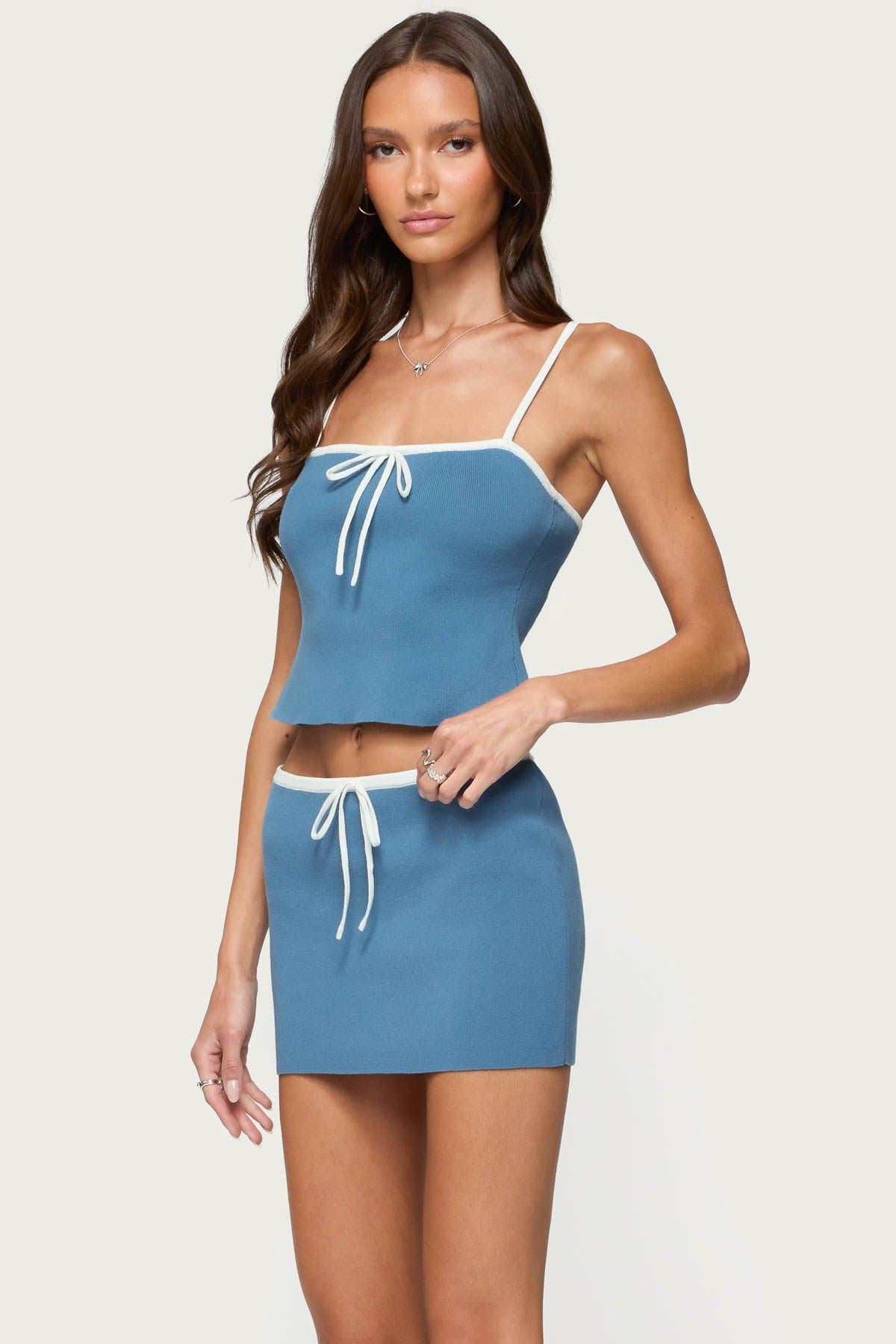 Pheobe Contrast Knit Tank Top with Tie Front and Trim - Cotton Polyester