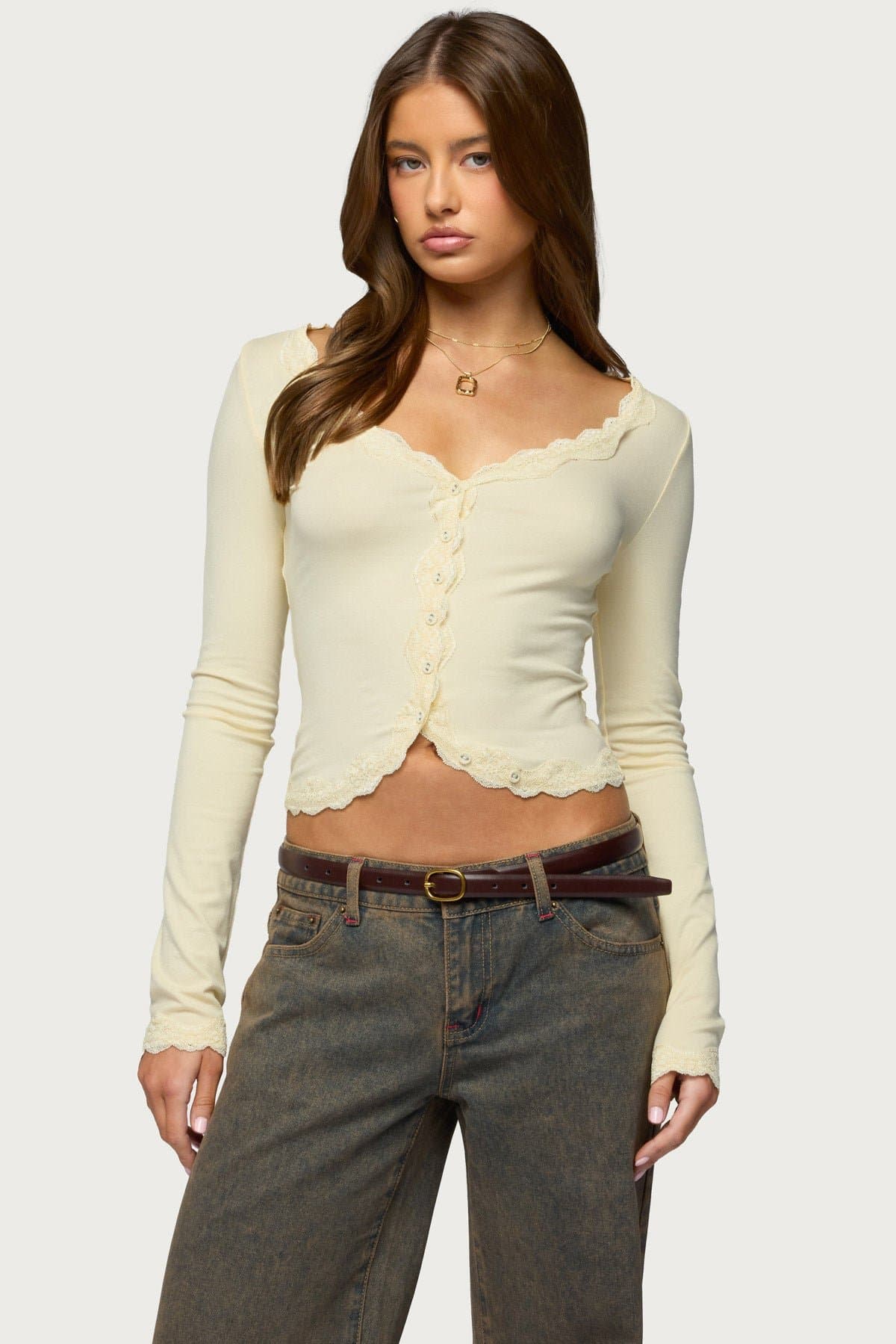 Gayle Lacey Button Up Long Sleeve V-Neck Top in Rayon Spandex