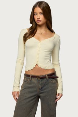 Gayle Lacey Button Up Long Sleeve V-Neck Top in Rayon Spandex