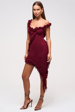 Amani Ruffle Detail Asymmetric Deep Maroon Dress - Adjustable Straps, Bodycon Fit