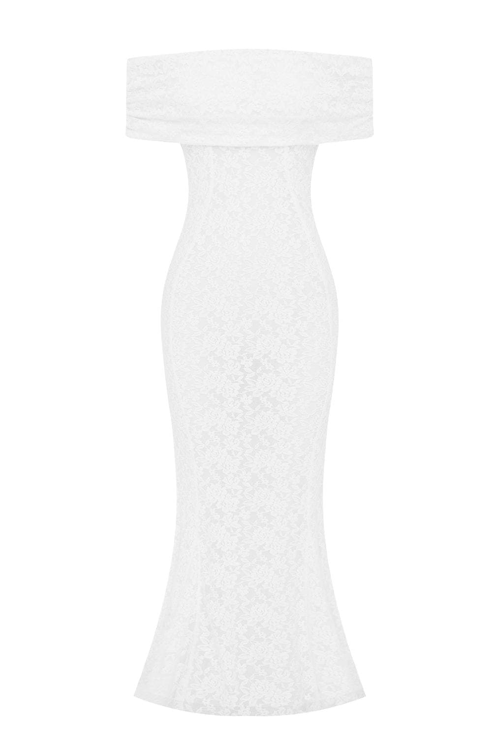 Stephanie Maxi Dress in Ivory - Stretch Floral Lace, Off Shoulder Bardot Neckline