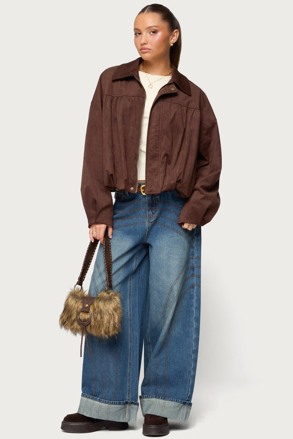 Cuffed Low Rise Baggy Jeans 100% Cotton Rigid Denim Stitch Detailing