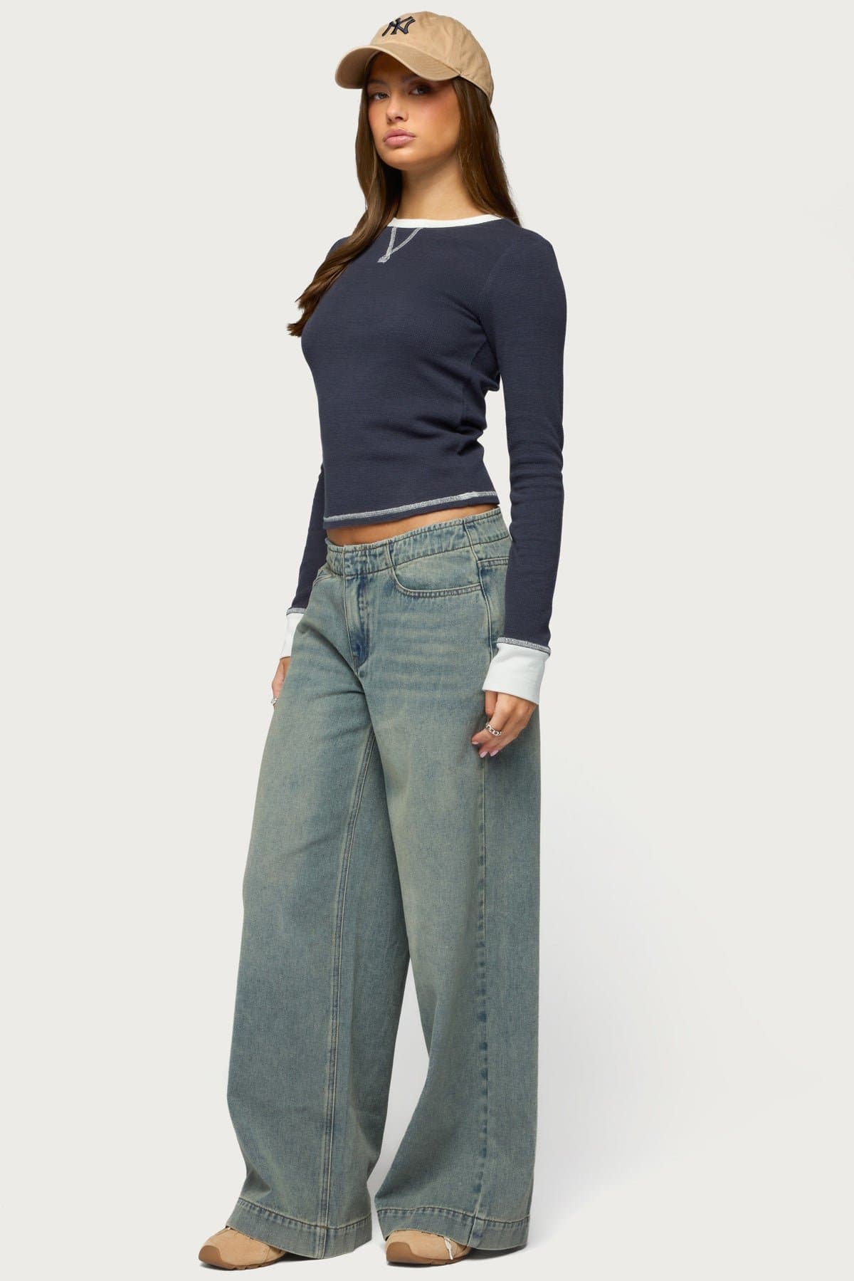 Rora Contrast Long Sleeve Waffle Top - Cotton Polyester Spandex Blend