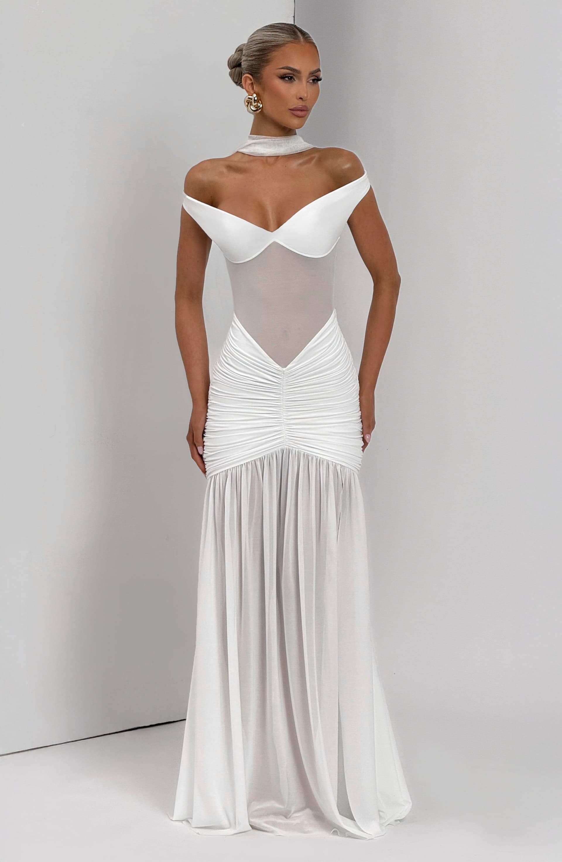 Alaia Maxi Dress in Ivory - Slinky Jersey Sheer Mesh Sweetheart Neckline