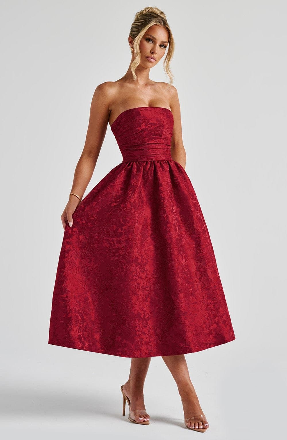 Saoirse Midi Dress in Red - Strapless Floral Jacquard Pleated Bodice