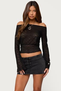 Alef Sheer Lace Off Shoulder Top with Bell Sleeves and Cinched Waist