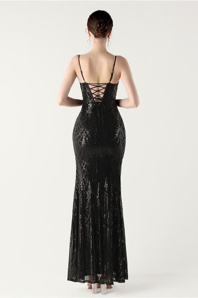 Sequin V-Neck Cross Strap Mermaid Maxi Evening Dress