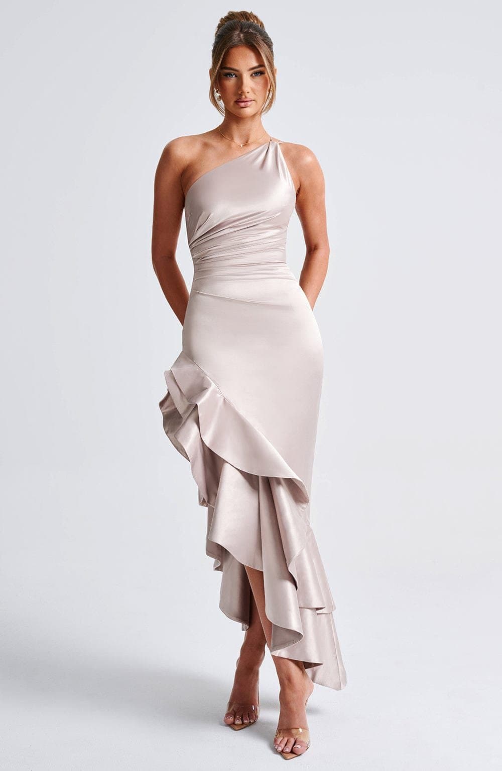 Esmeraya Champagne Maxi Dress - Stretch Satin One Shoulder Gown