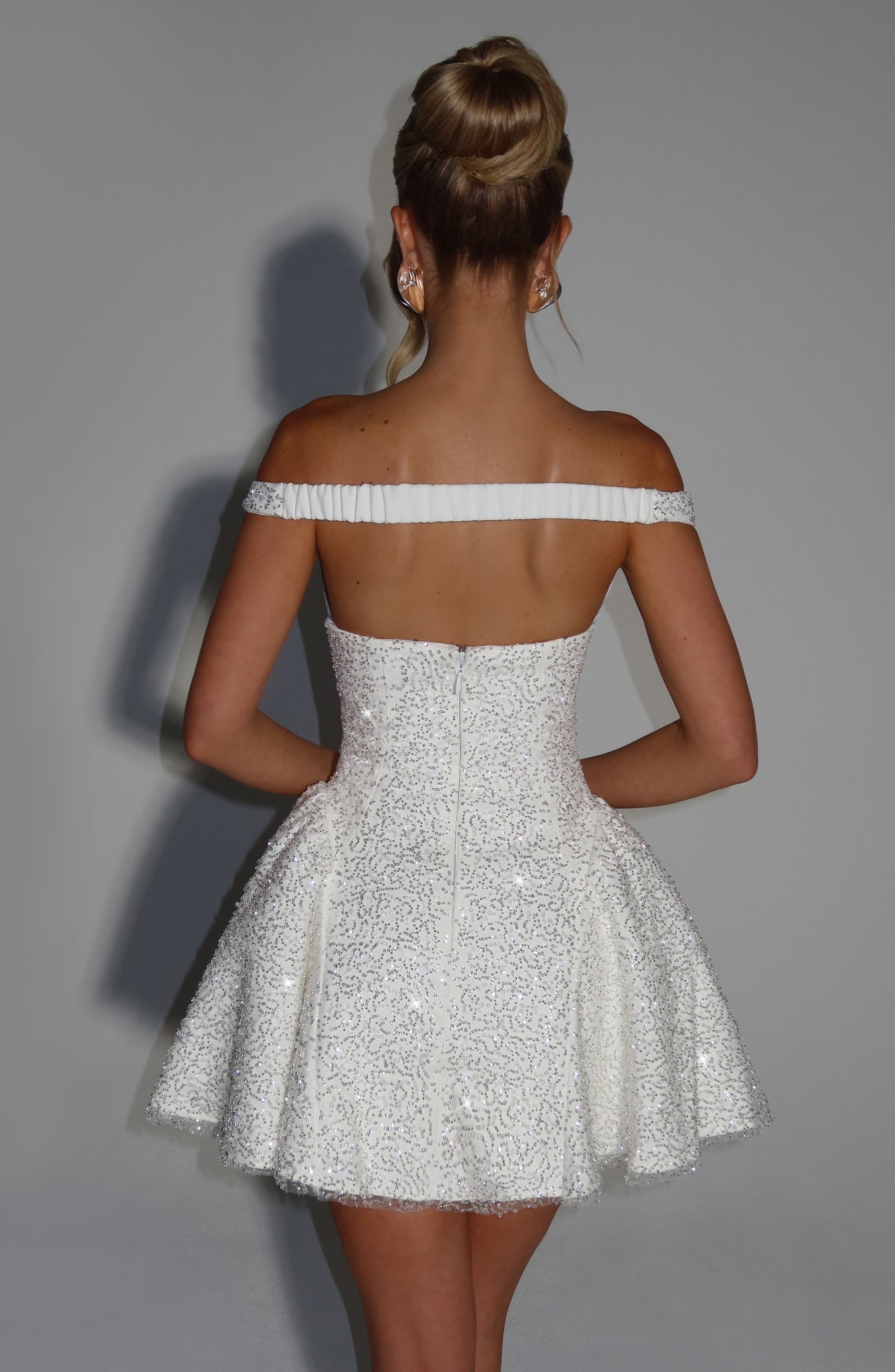 Sapphire Mini Dress in Ivory Crepe Fabric Plunge Bardot Neckline