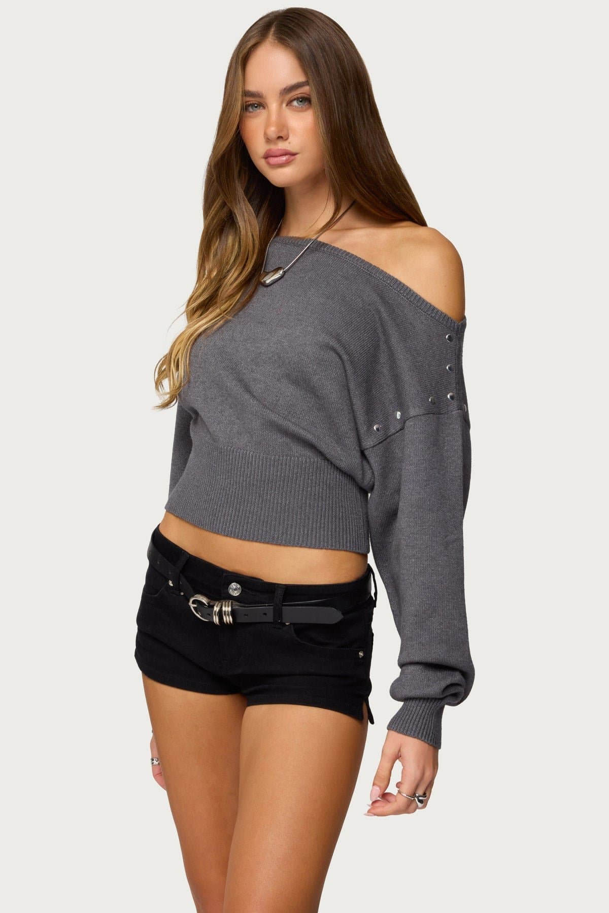 Doro Studded Off Shoulder Sweater - Oversized Knit Rayon Polyester Nylon