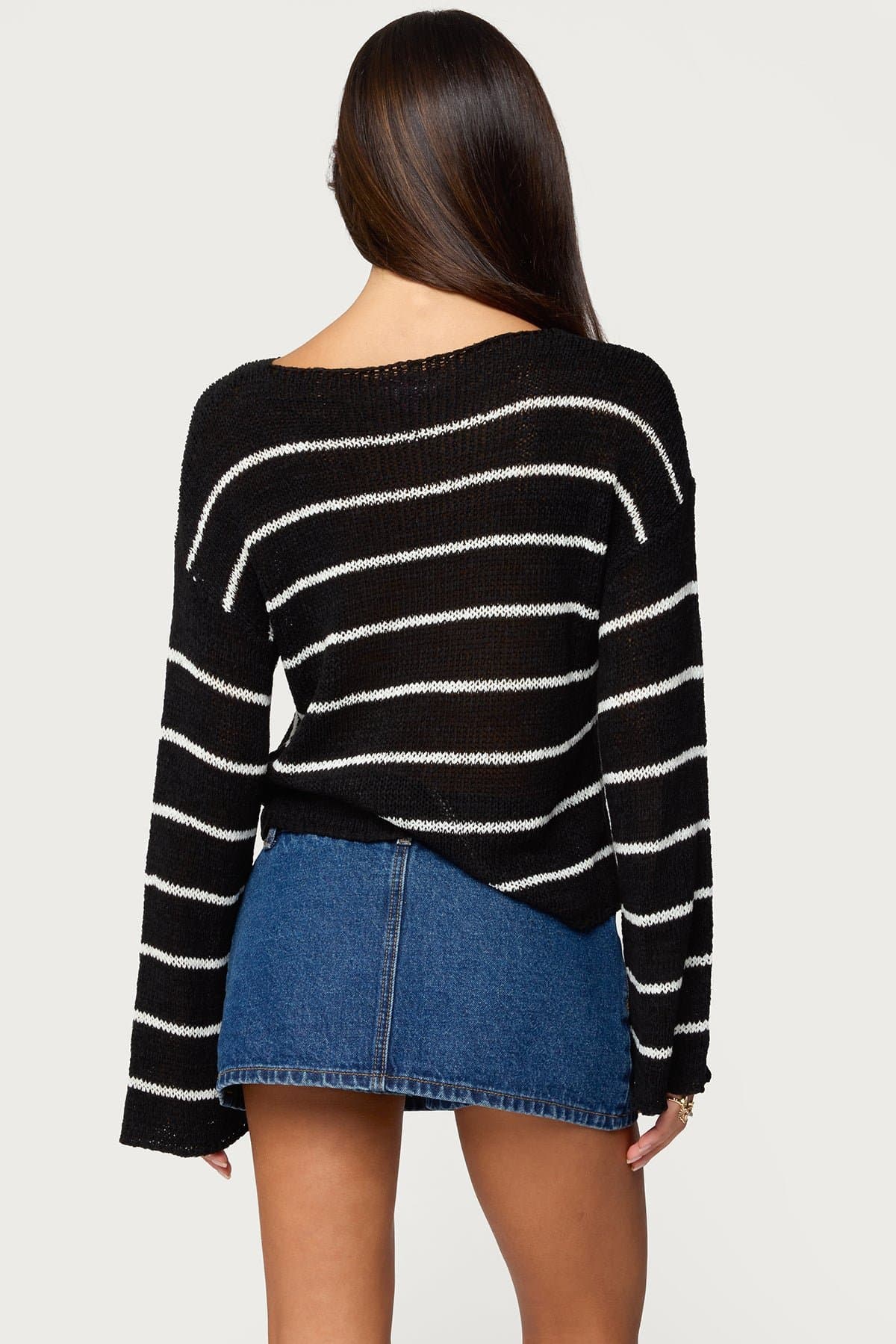 Drop Shoulder Light Knit Striped Sweater - Relaxed Fit Polyester Rayon