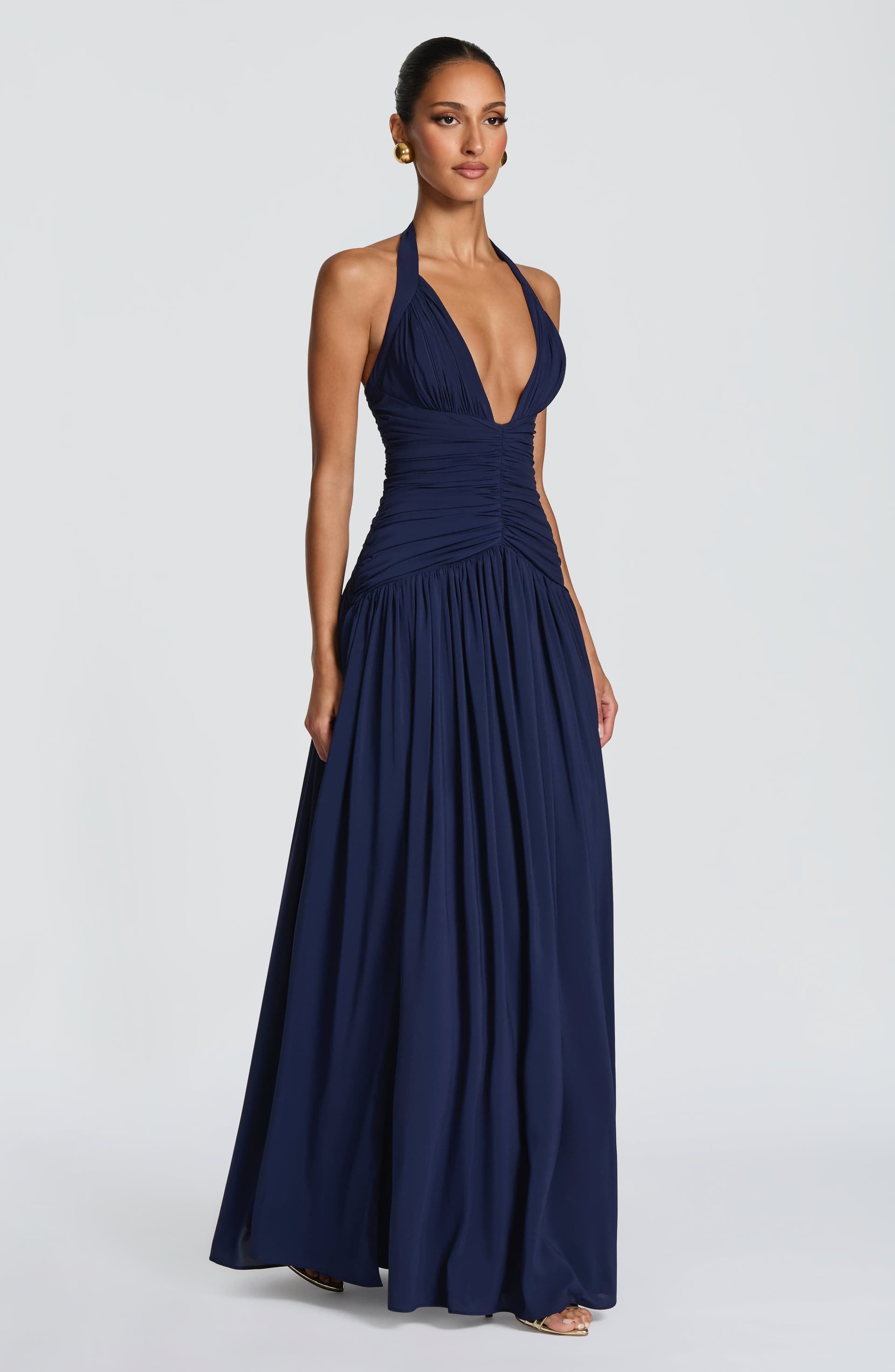 Amaris Maxi Dress - Navy Chiffon Plunge Halter Neck Thigh Split