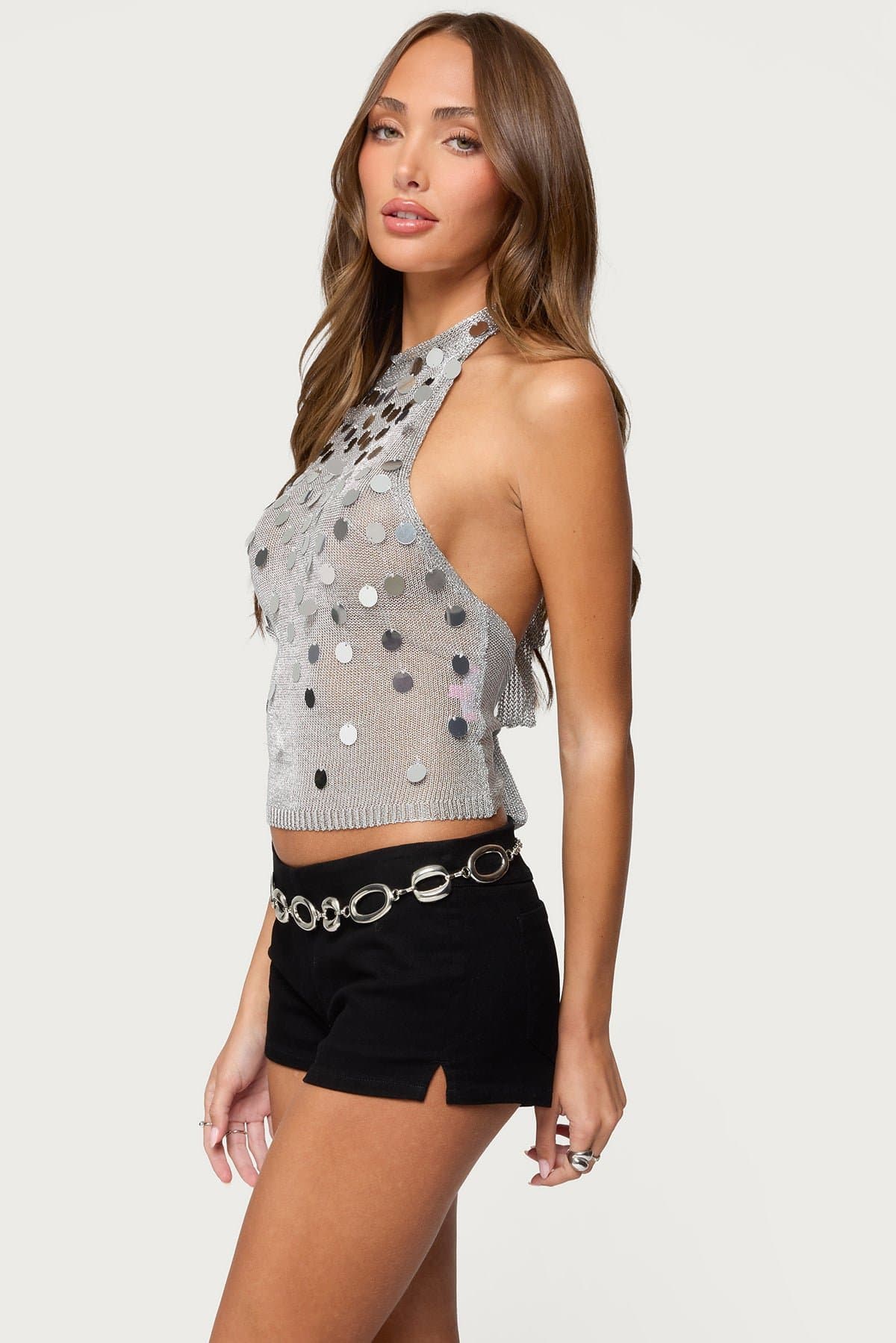Shiny Sequin Backless Halter Top with Neck & Back Tie Closure