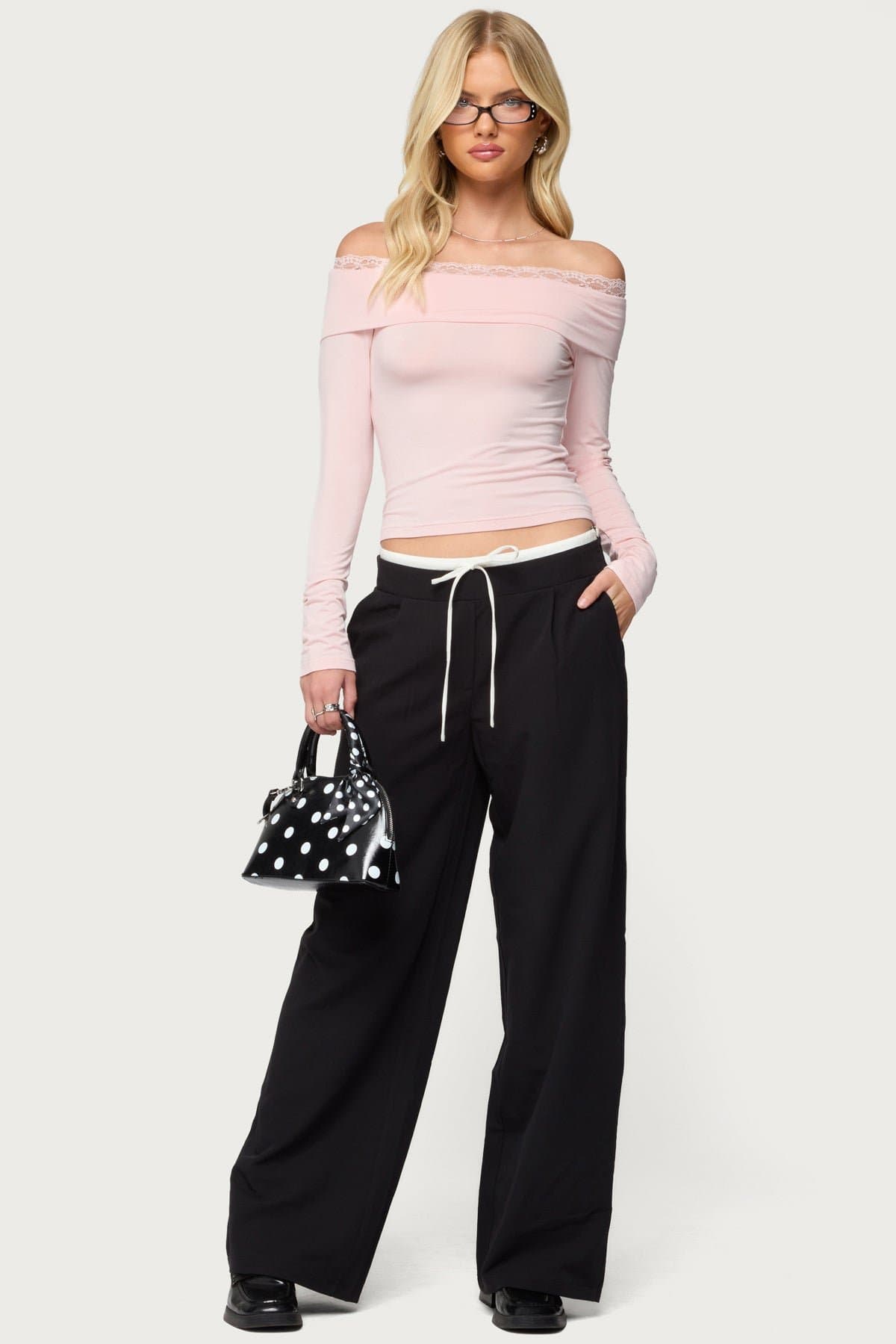 Janus Lacey Fold Over Off Shoulder Top - Long Sleeve Rayon Spandex