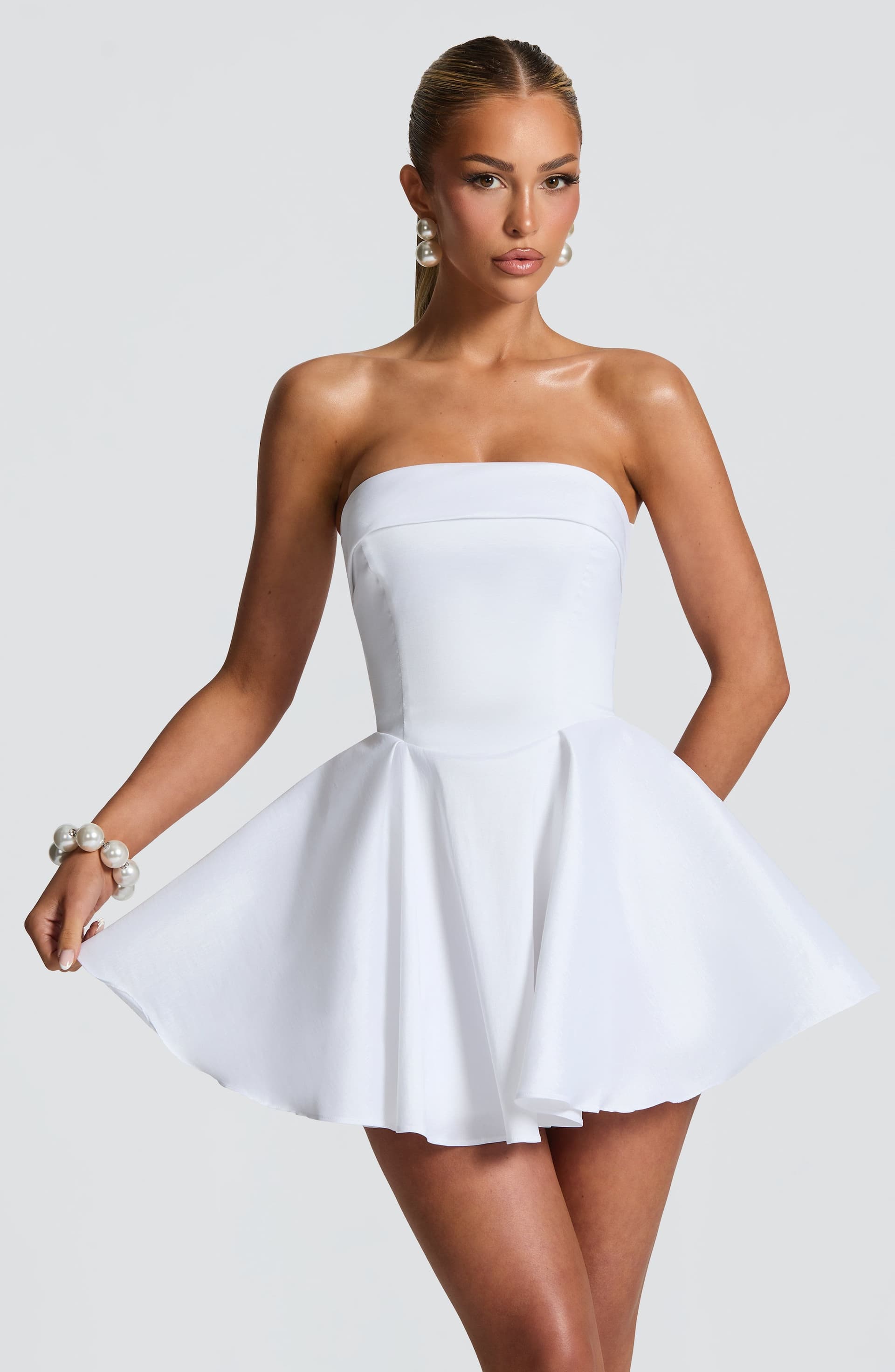 Dionne Mini Dress in Ivory Taffeta Strapless Lace-Up Back Full Circle Skirt