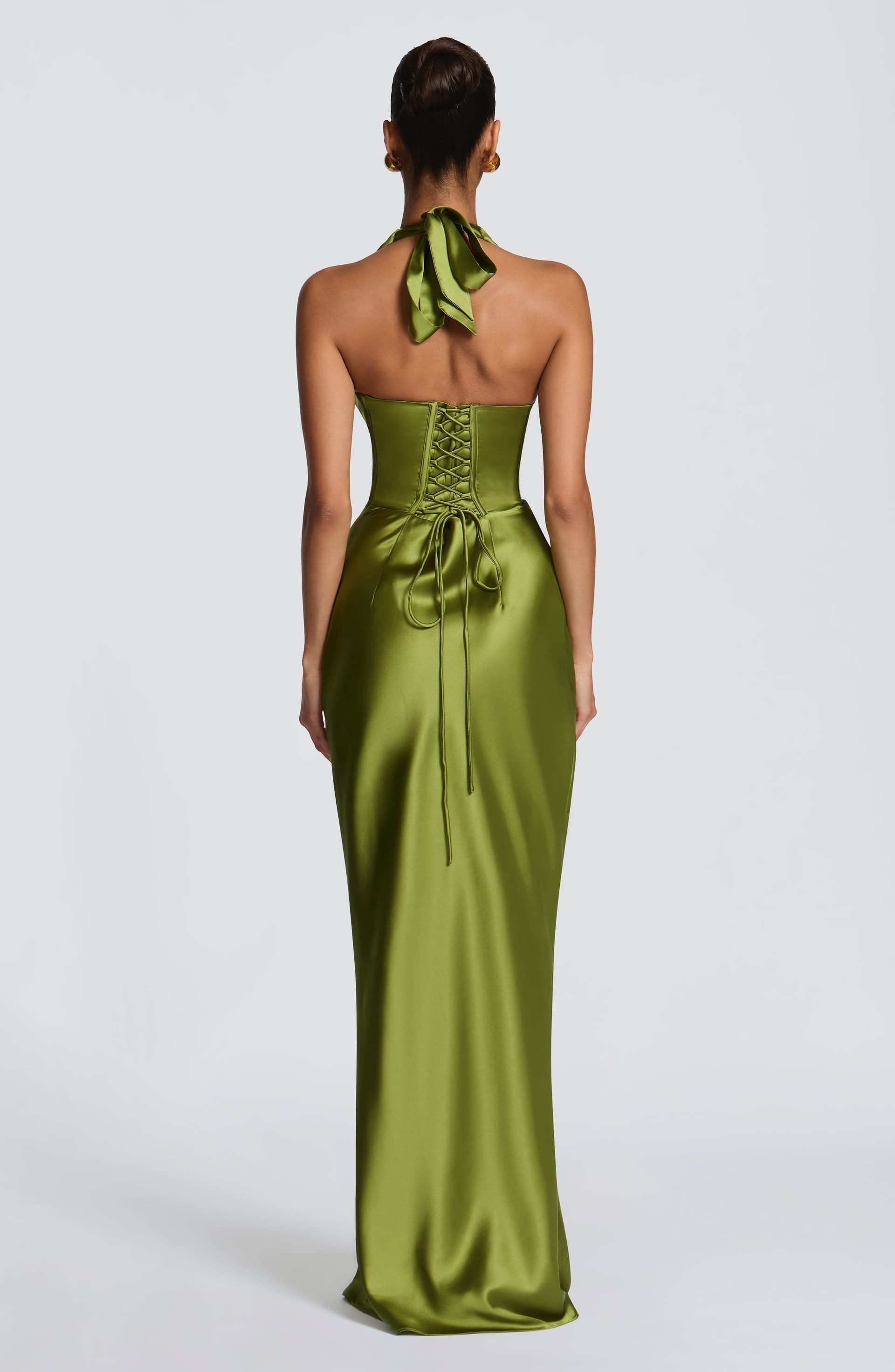 Elowen Olive Maxi Dress Plunge Halter Neckline Lace-Up Back Satin