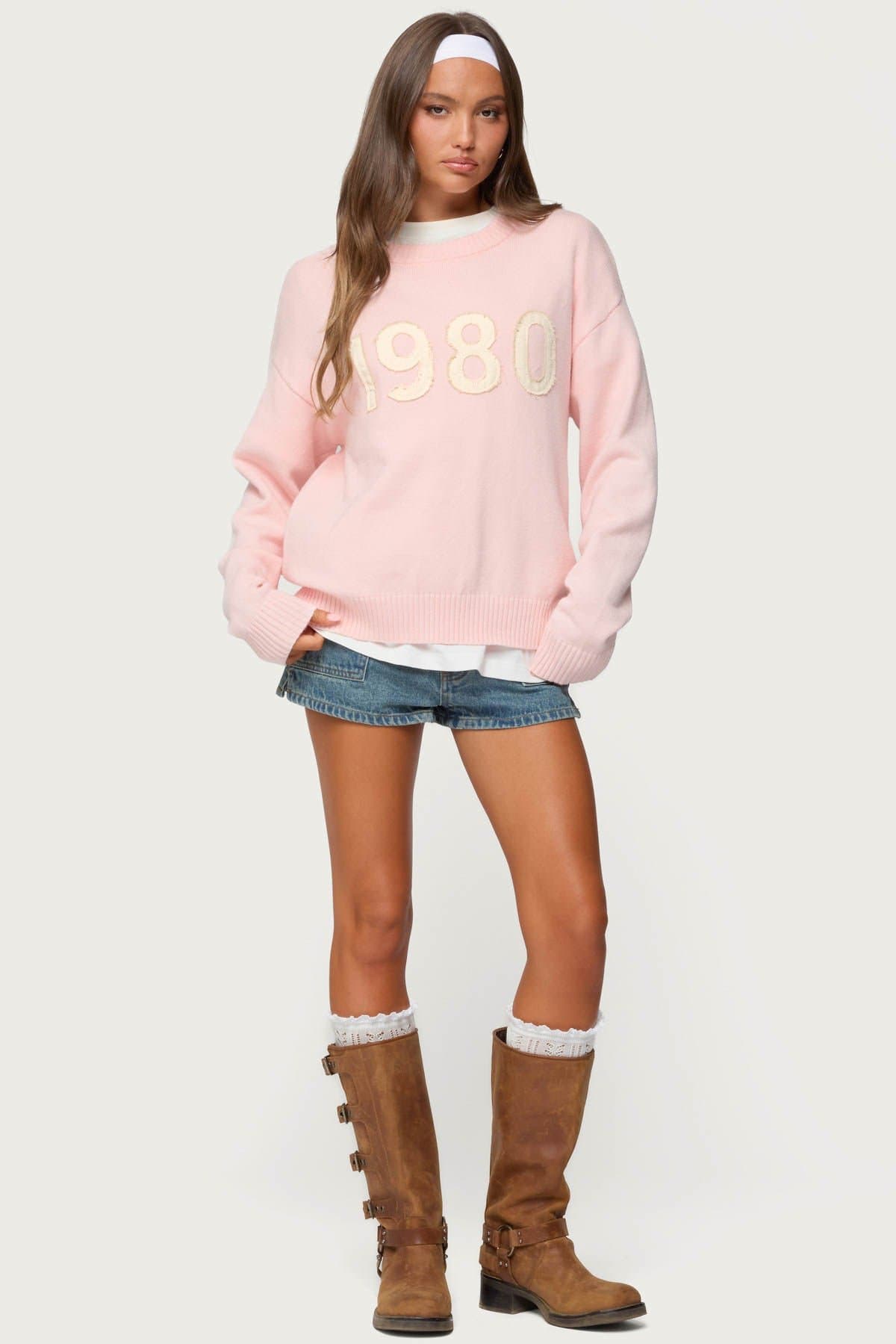 1980 Oversized Sweater with Graphic Patch, Ribbed Knit in Rayon Polyester Nylon