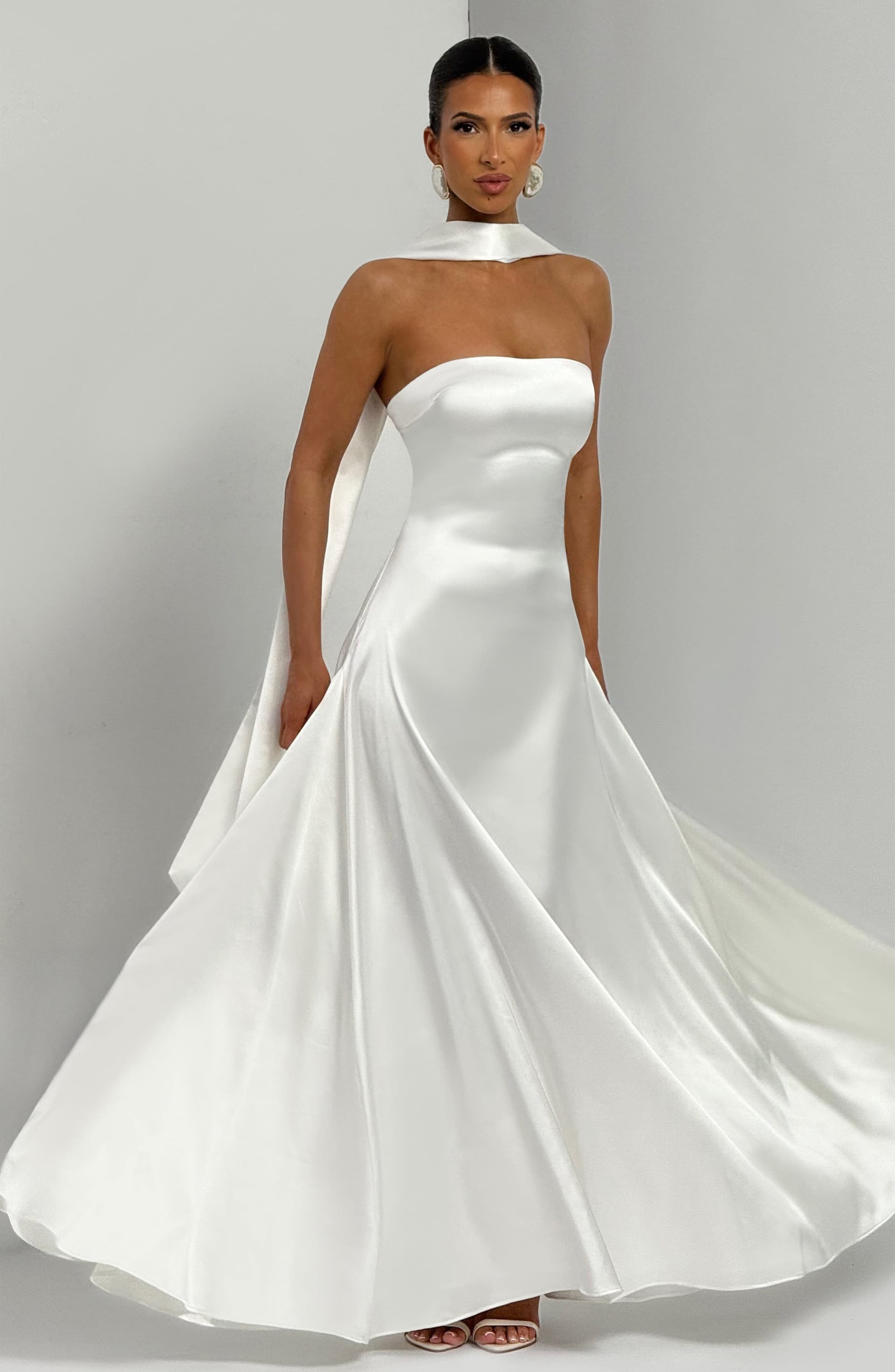 Morven Maxi Dress in Ivory - Strapless Satin A-Line with Lace-Up Back