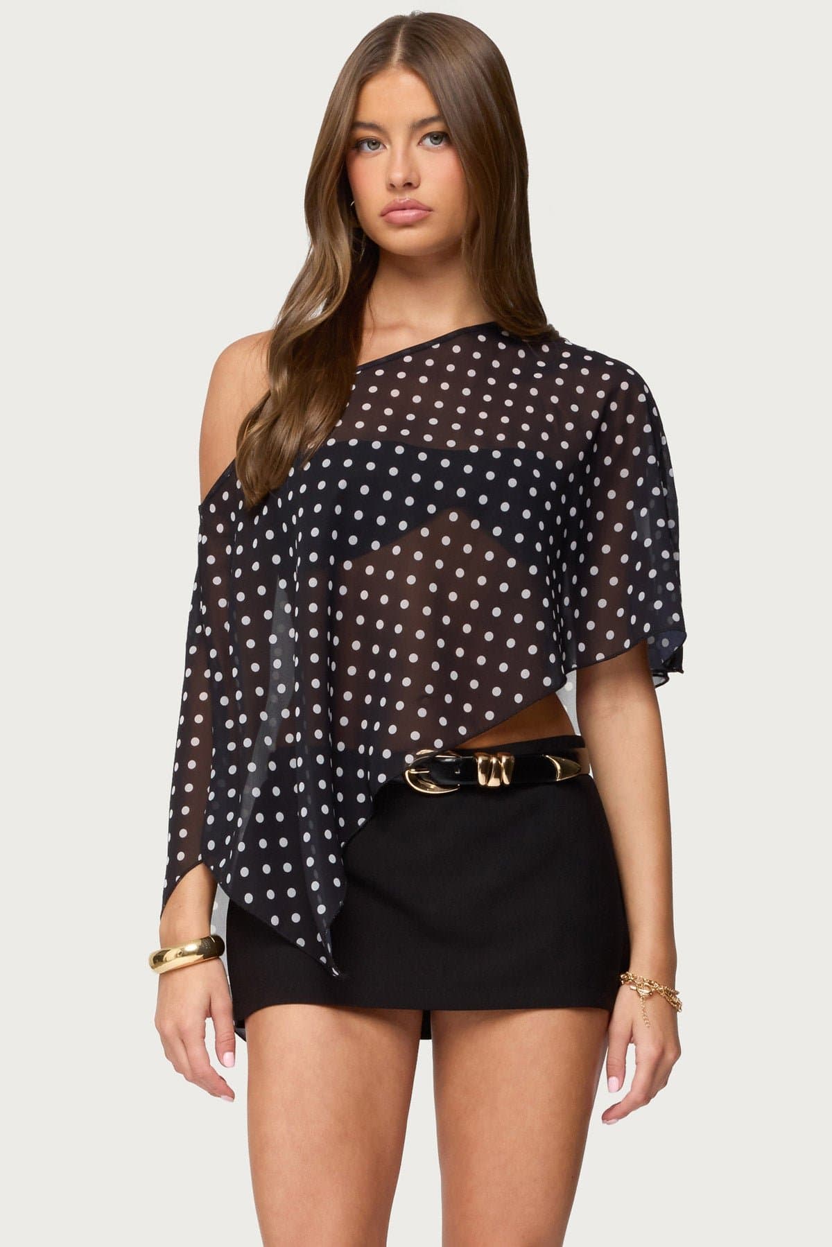 Sheer Chiffon Asymmetric Polka Dot Poncho Off-Shoulder
