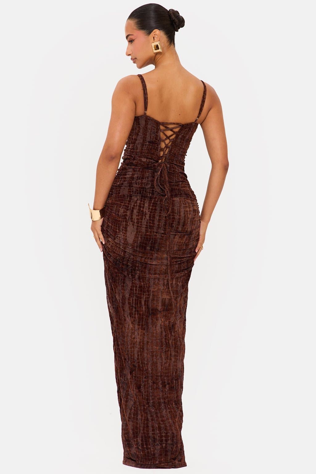Amore Devore Drape Fabric Maxi Dress with Internal Corset and Lace Up Back