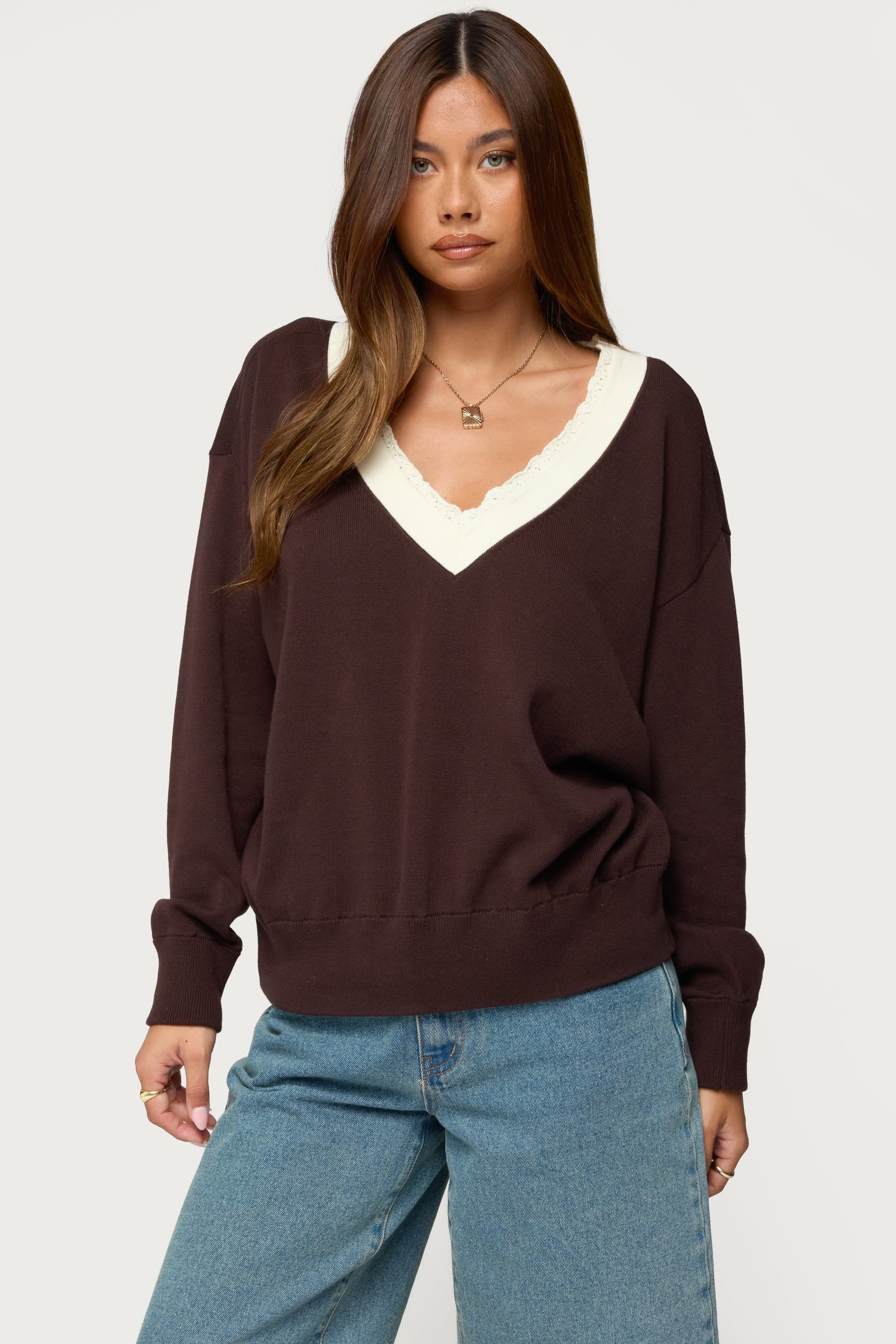 Marie Contrast Lacey V-Neck Cotton Knit Sweater