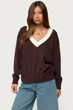 Marie Contrast Lacey V-Neck Cotton Knit Sweater