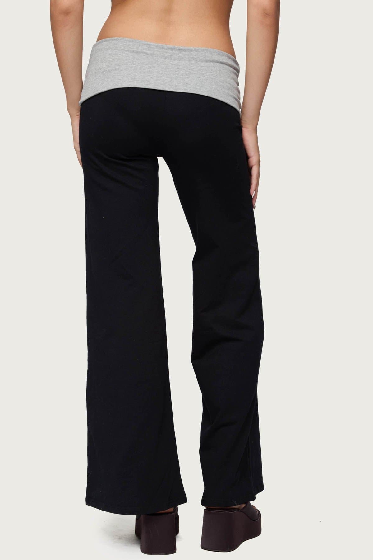 Wide Leg Contrast Foldover Waistband Pants - Cotton Spandex