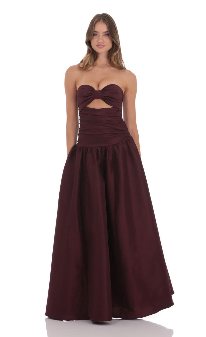Cutout Drop Waist Strapless Maxi Dress in Wine
