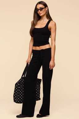 Claudia Straight Leg Pants - Adjustable Tie Waist Cotton Spandex Black Size S Inseam 33.3"