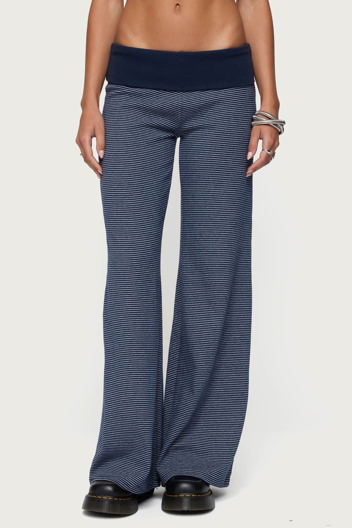 Amarna Striped Fold Over Wide Leg Pants - Cotton Rayon Polyester