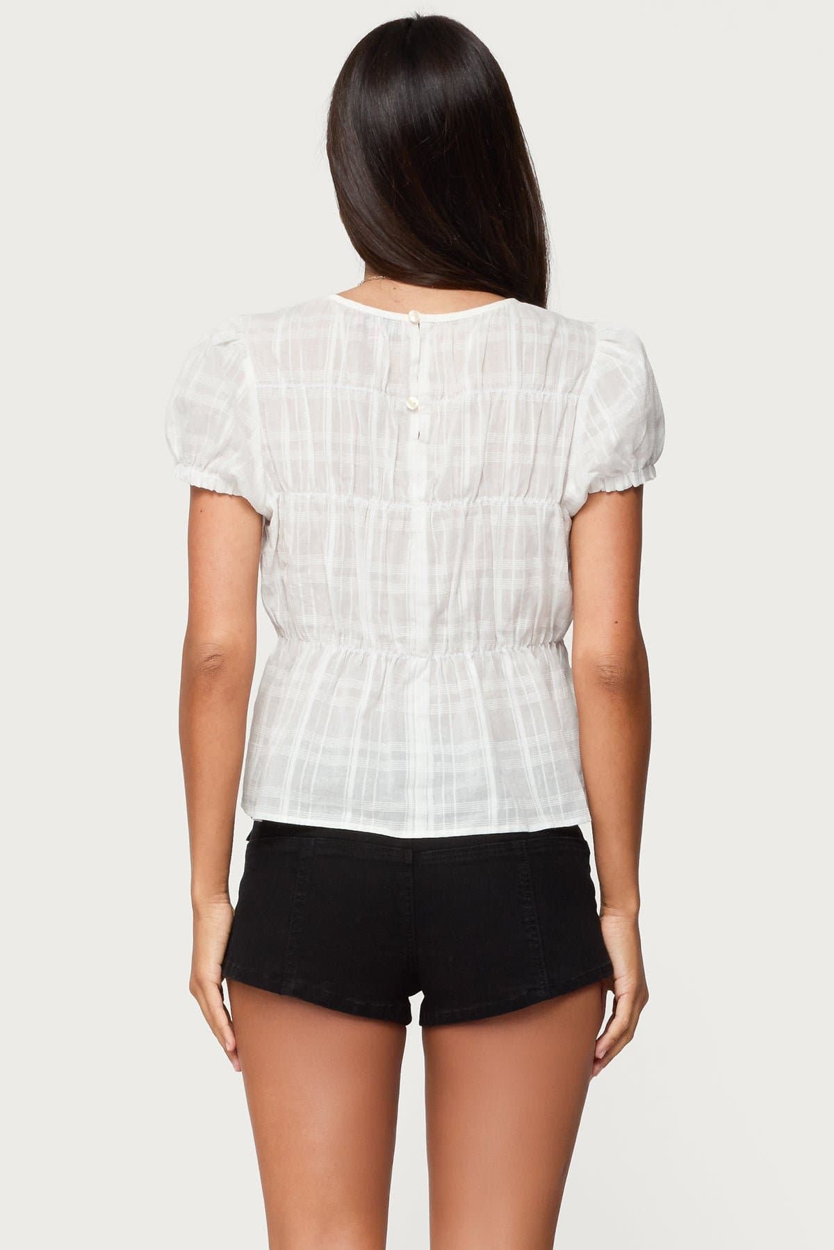 Maricella Gathered Tiered Plaid Cotton Top - Short Puff Sleeves, Back Buttons