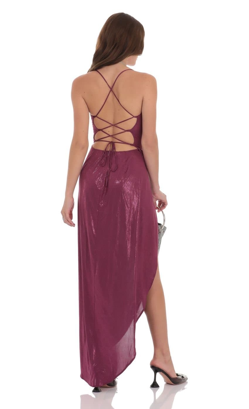 Foiled Asymmetrical Maxi Dress in Plum