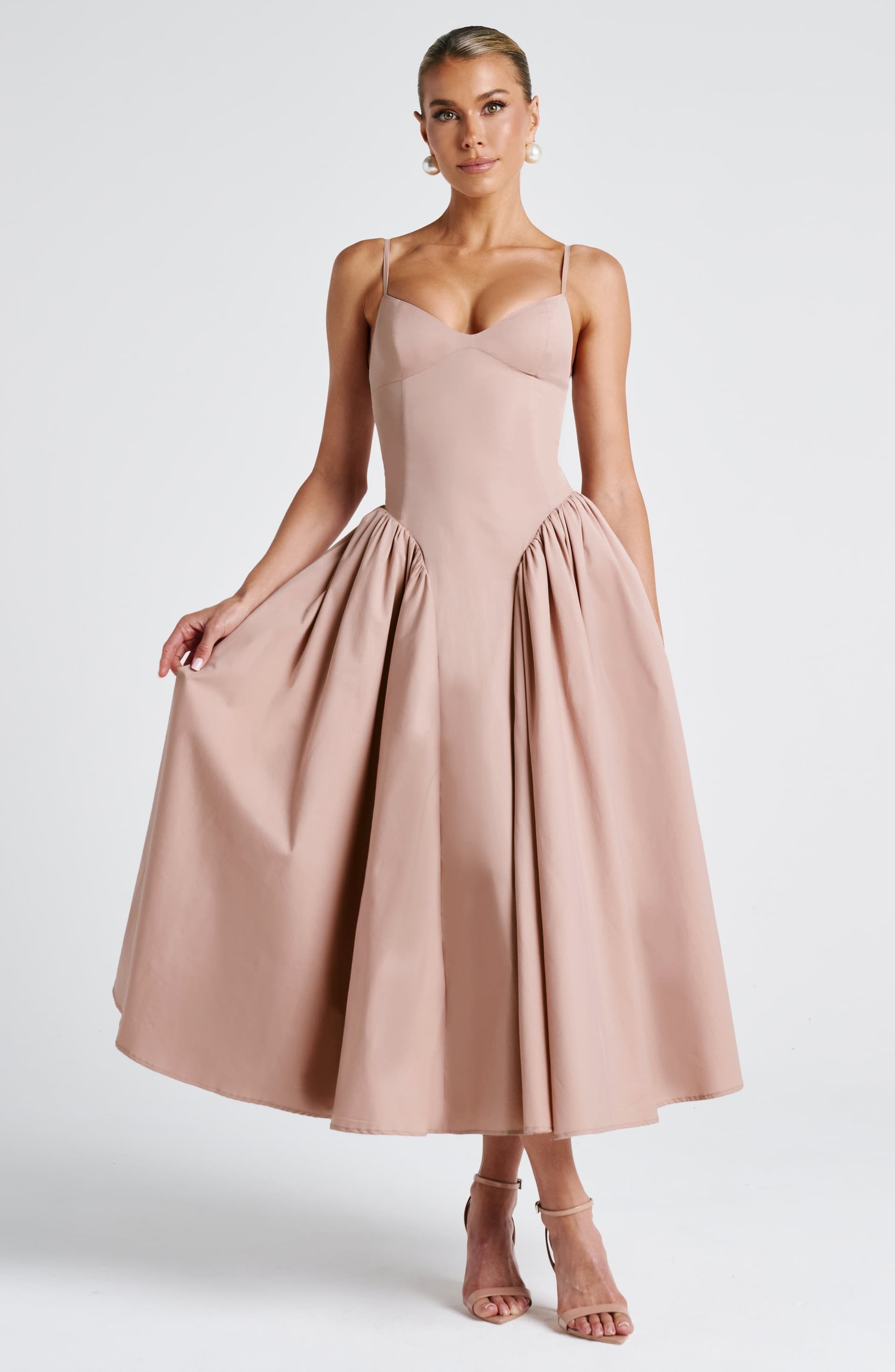 Emerson Midi Dress in Clay - Sweetheart Neckline Lace-Up Back Dropped Waist