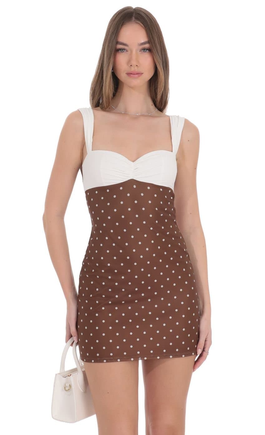 Two-Tone Polka Dot Mesh Bodycon Dress in Brown