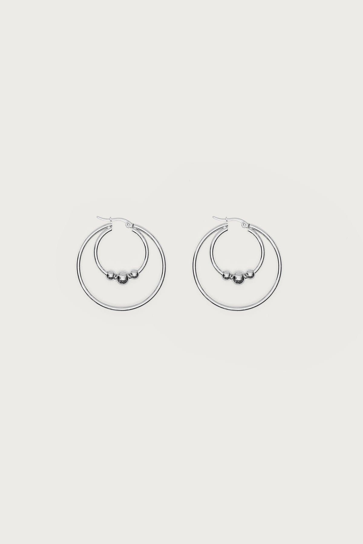 Double Hoop Earrings with Bead Detailing in Silver Tone Metal 1.6 Inch Length