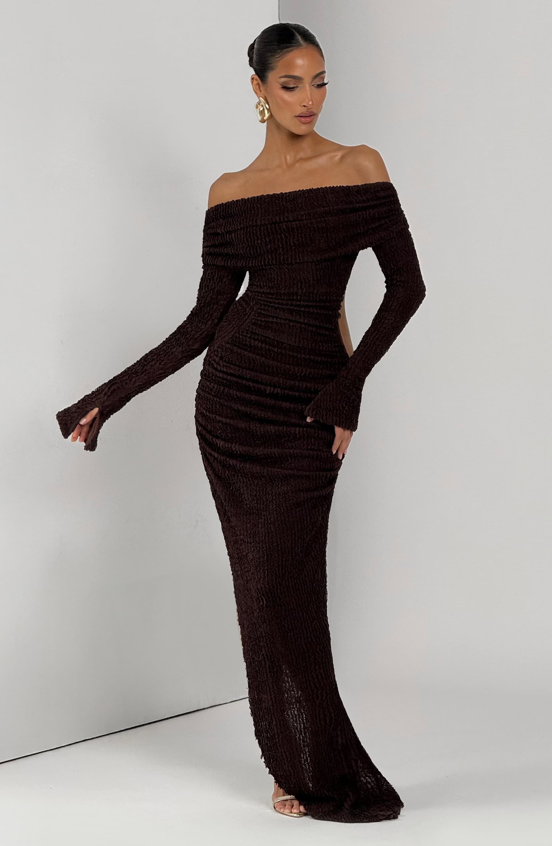 Adelphia Midi Dress Plum Brown Bardot Neckline Long Sleeve Asymmetric Skirt